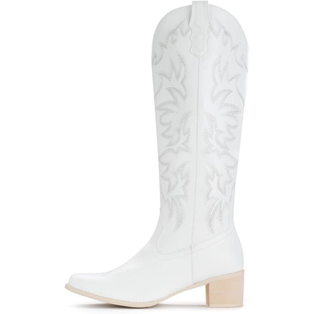 Women's White Knee High Western Cowgirl Boots Snip Toe Side Zipper Chunky Heel - Picture 3 of 6